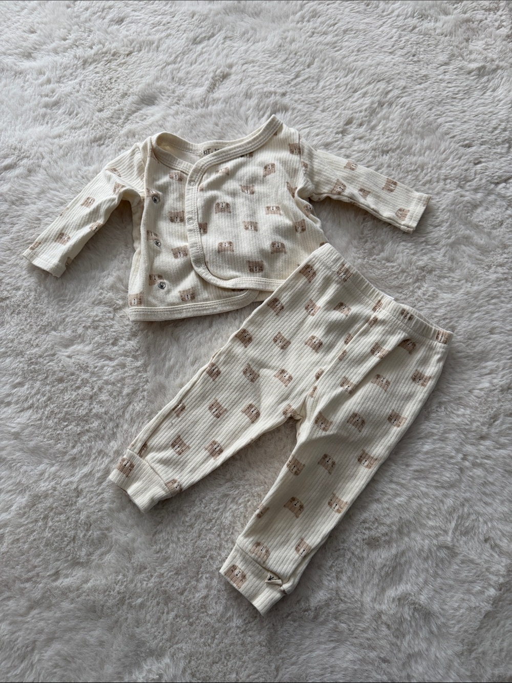 Cream Ribbed Kids Pajama Set with Beige Bear Print
